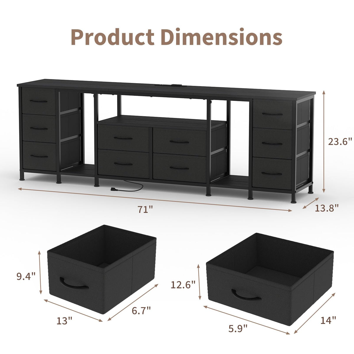 Black 10 Drawer Dresser TV Stand with Power Outlets L43960