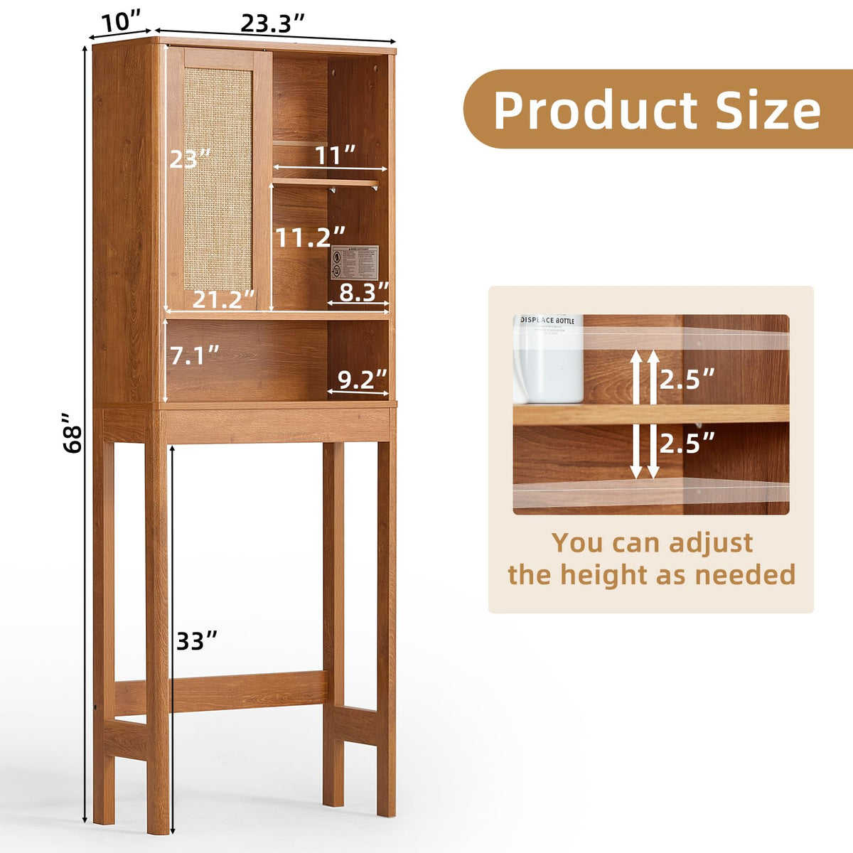 68" Over the Toilet Storage Cabinet with Rattan Sliding Door X150684