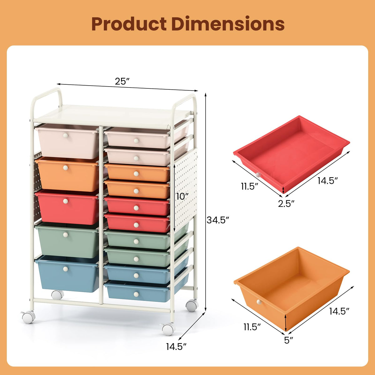 15 Drawer Rolling Storage Cart with Metal Tabletop P3510
