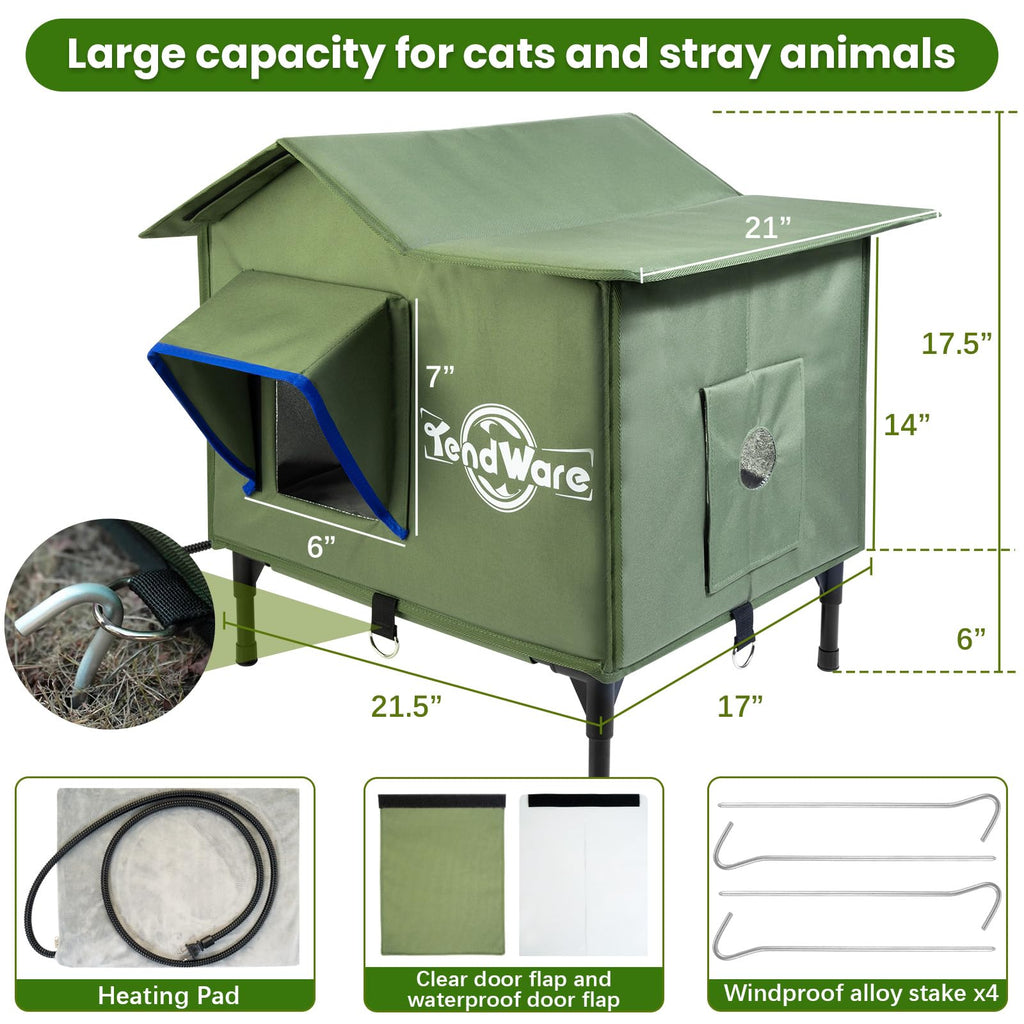 Heated Outdoor Cat House with Elevated Base Y28200