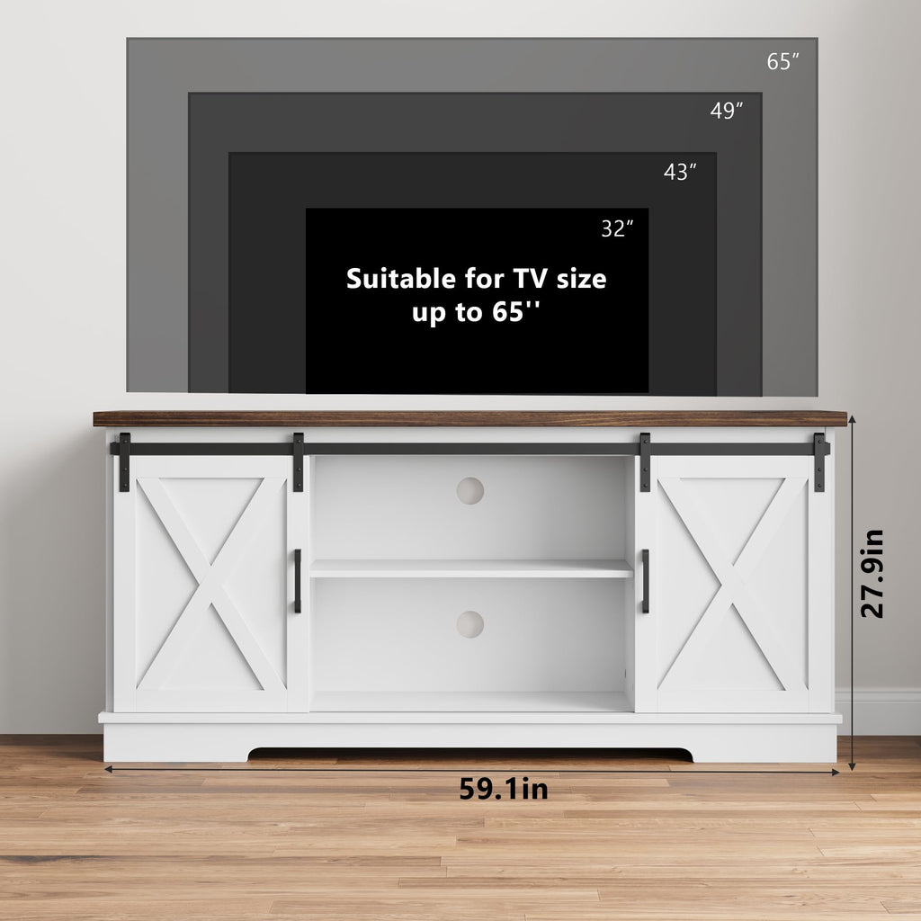White Farmhouse TV Stand with Sliding Barn Doors and Adjustable Shelf W4573