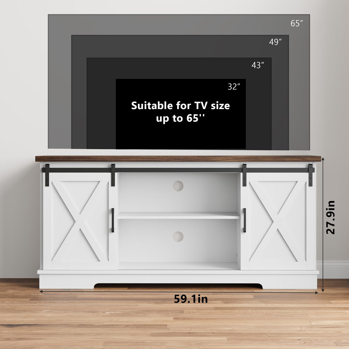 White Farmhouse TV Stand with Sliding Barn Doors and Adjustable Shelf W4573