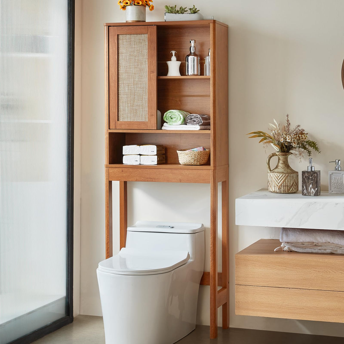 68" Over the Toilet Storage Cabinet with Rattan Sliding Door X150684