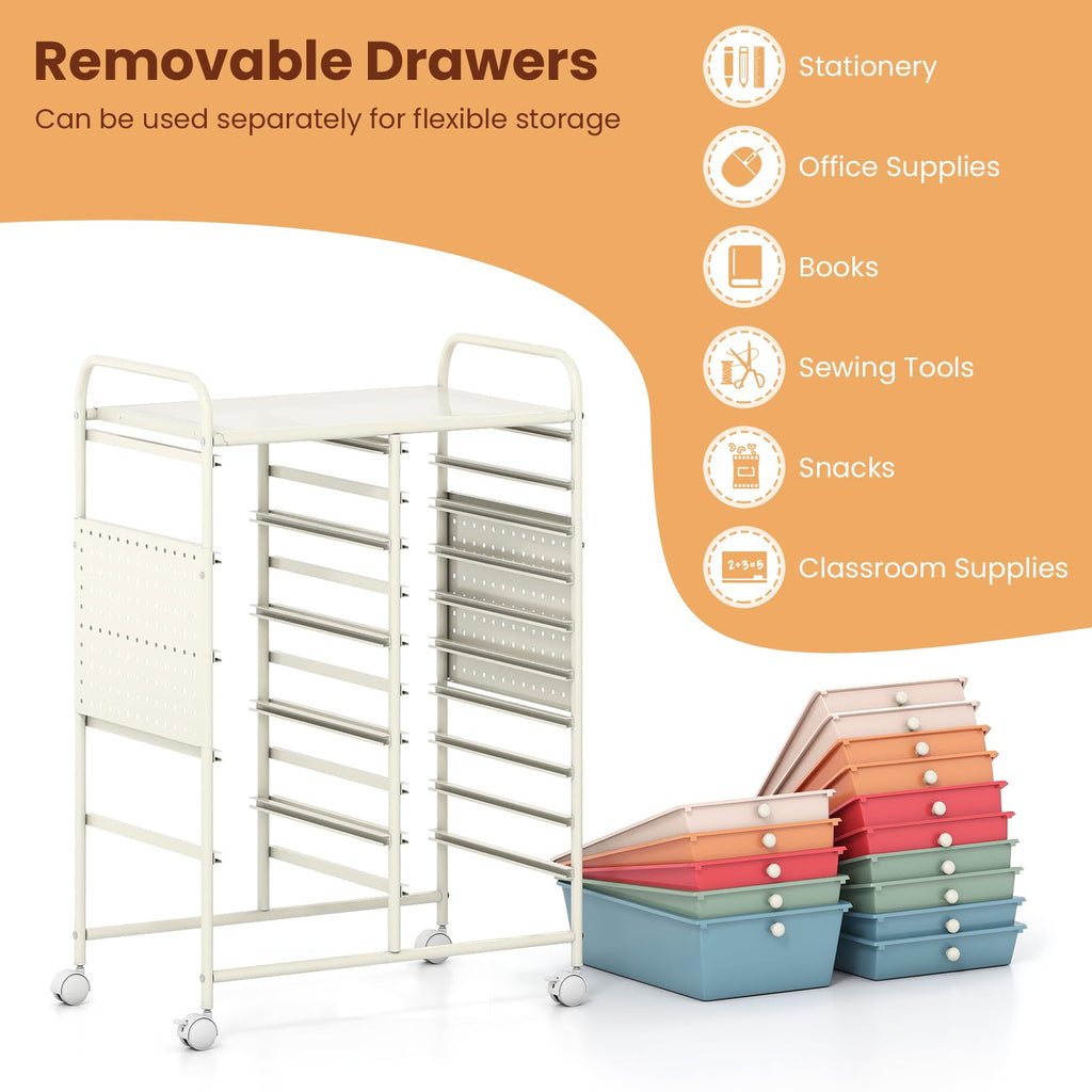 15 Drawer Rolling Storage Cart with Metal Tabletop P3510