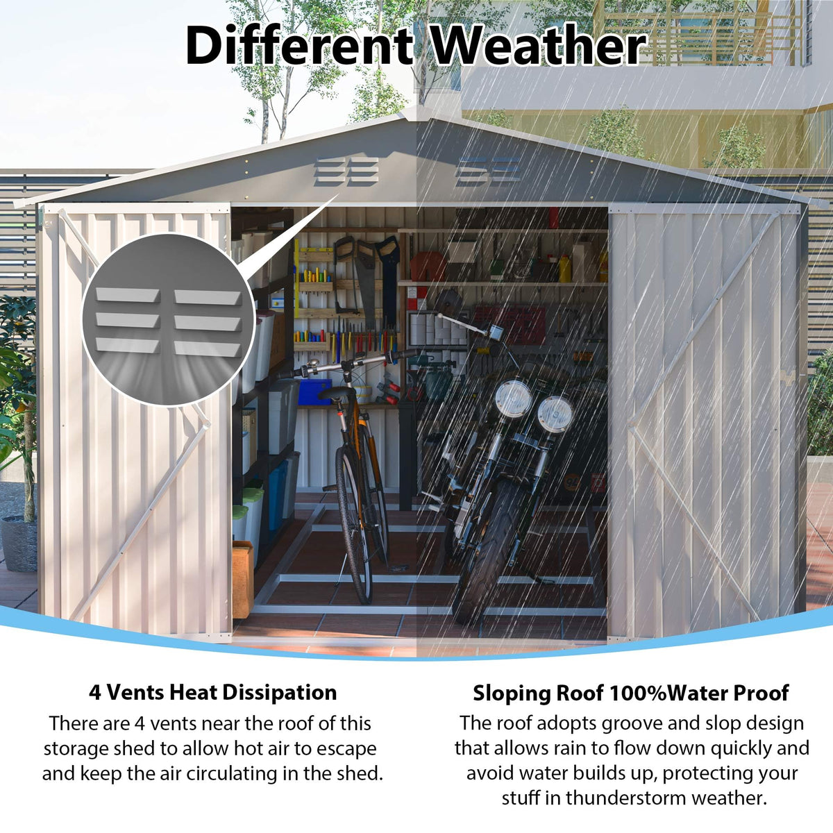 10x14 FT Waterproof Metal Storage Shed with 3 Lockable Doors O256305