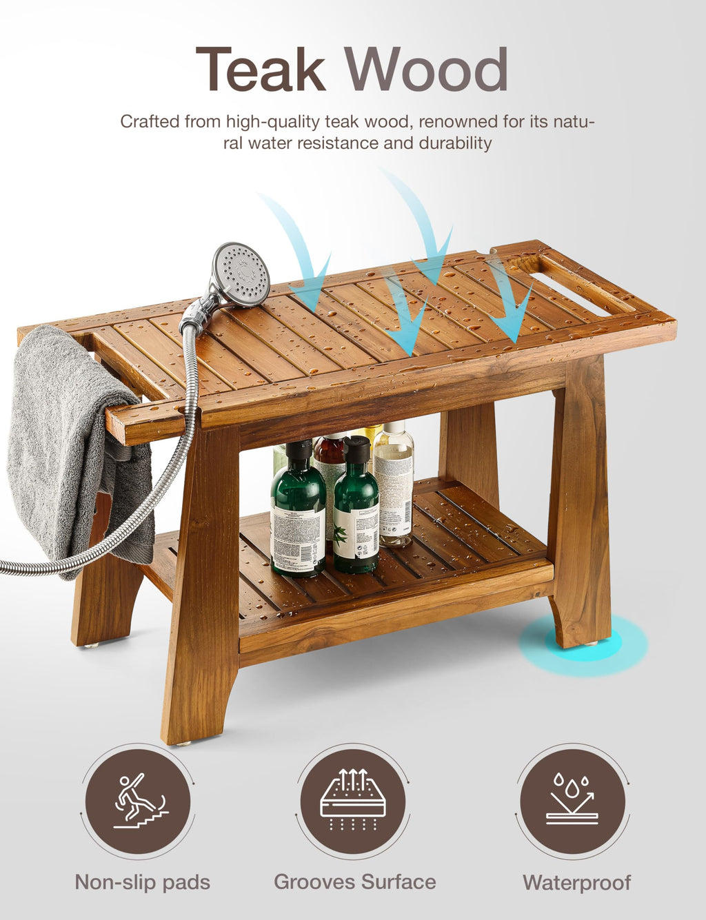 28" Teak Shower Bench with Storage Towel Shelf A512389