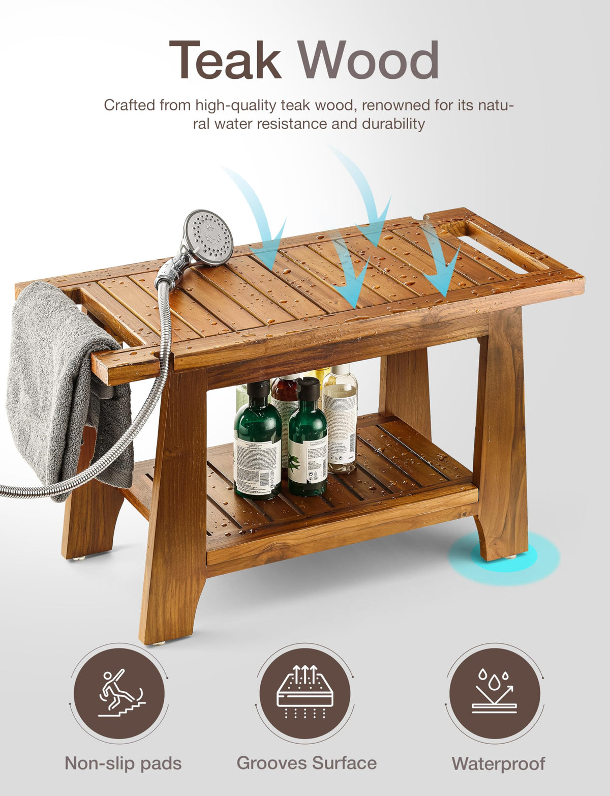 28" Teak Shower Bench with Storage Towel Shelf A512389