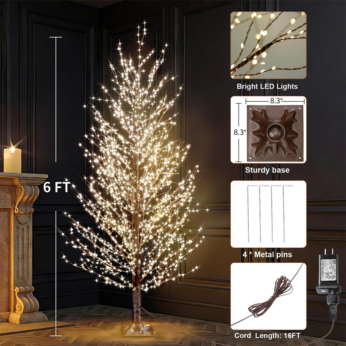 6FT Brown Lighted Birch Tree 1300LEDs Warm White Lights E91362