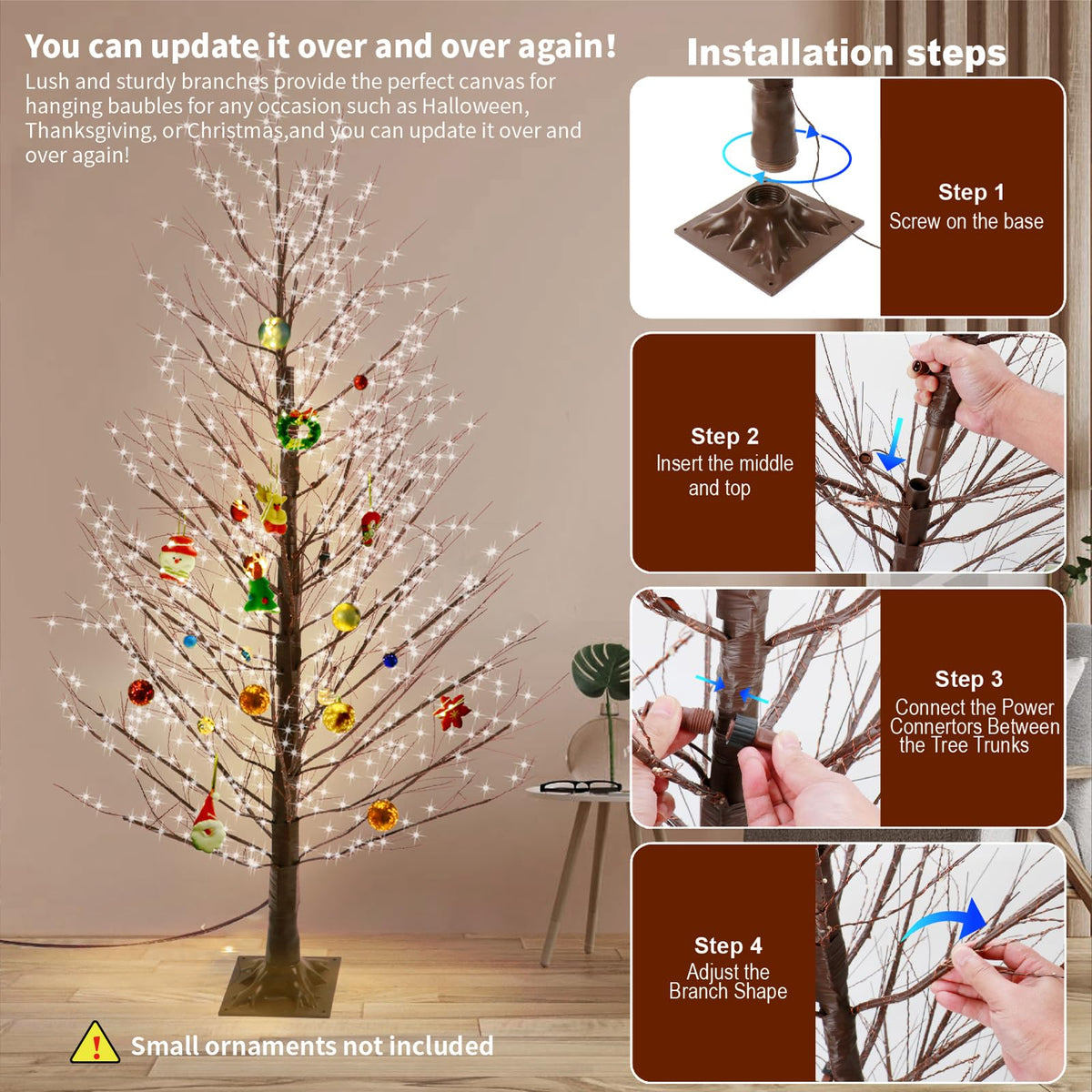 6FT Brown Lighted Birch Tree 1300LEDs Warm White Lights E91362