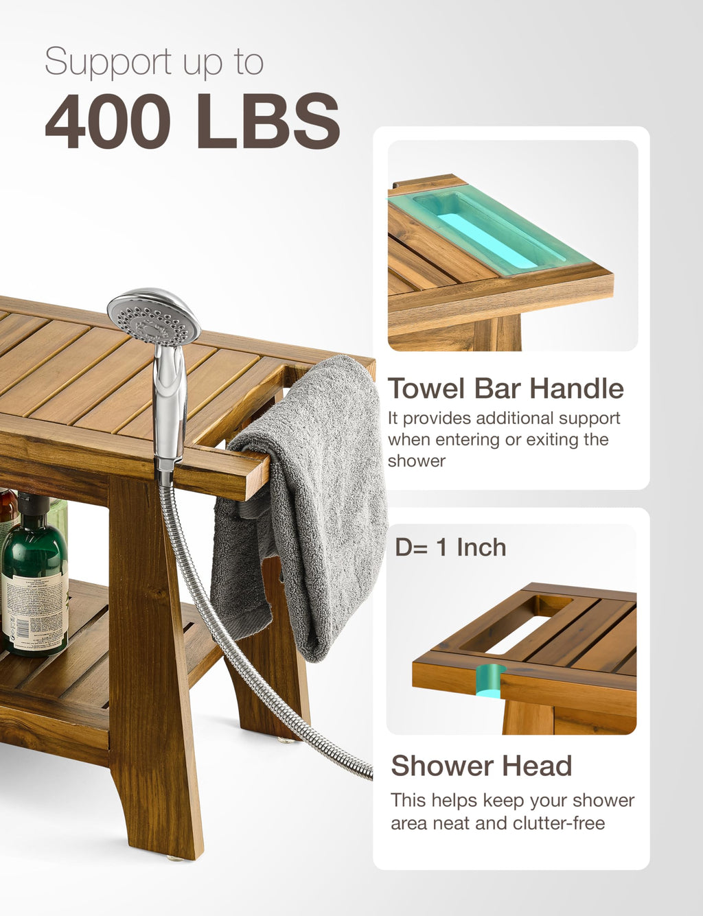 28" Teak Shower Bench with Storage Towel Shelf A512389
