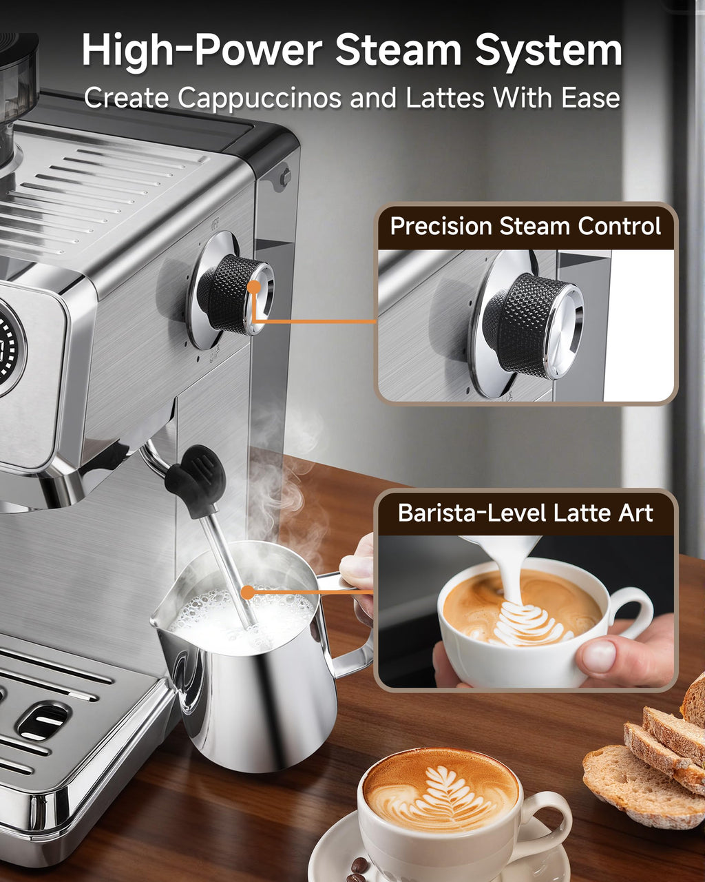 Espresso Machine with Grinder, 20 Bar, Milk Frother U11309