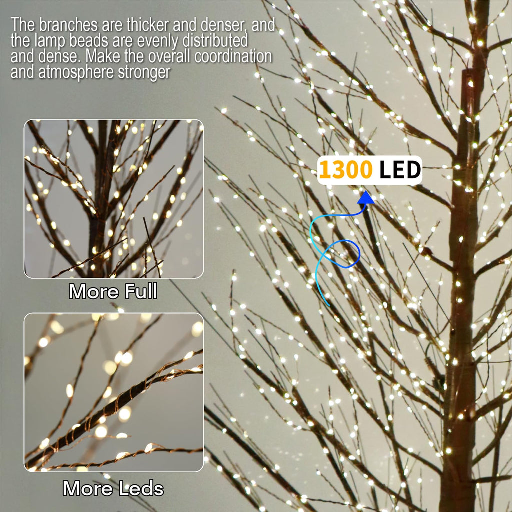 6FT Brown Lighted Birch Tree 1300LEDs Warm White Lights E91362