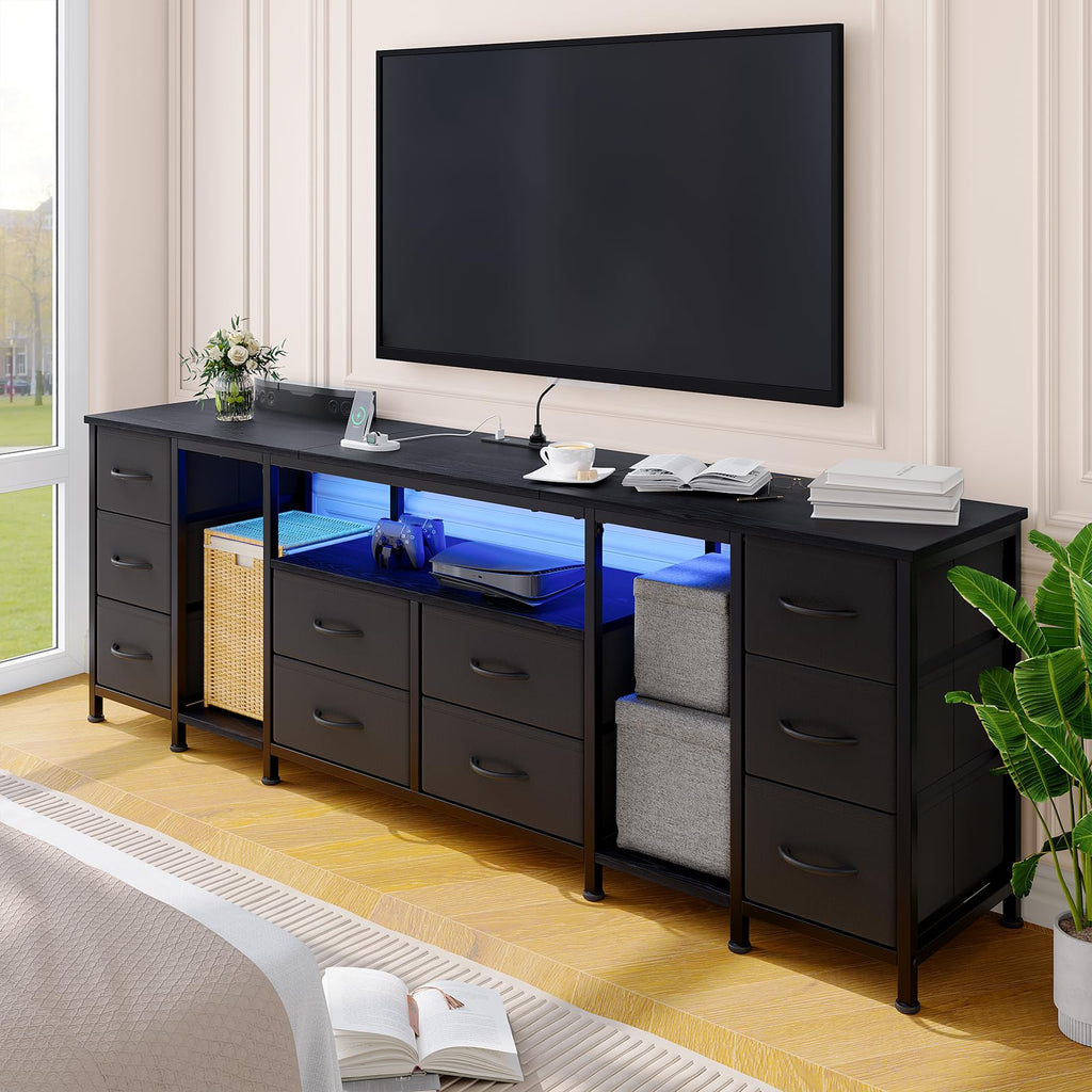 Black 10 Drawer Dresser TV Stand with Power Outlets L43960