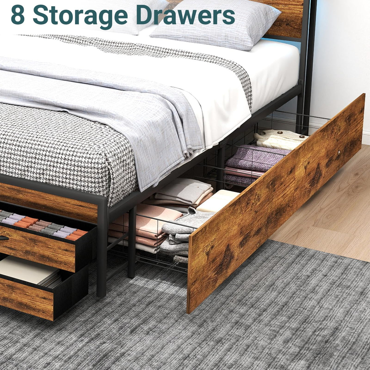 Queen Size Bed Frame with Headboard & 8 Storage Drawers G391