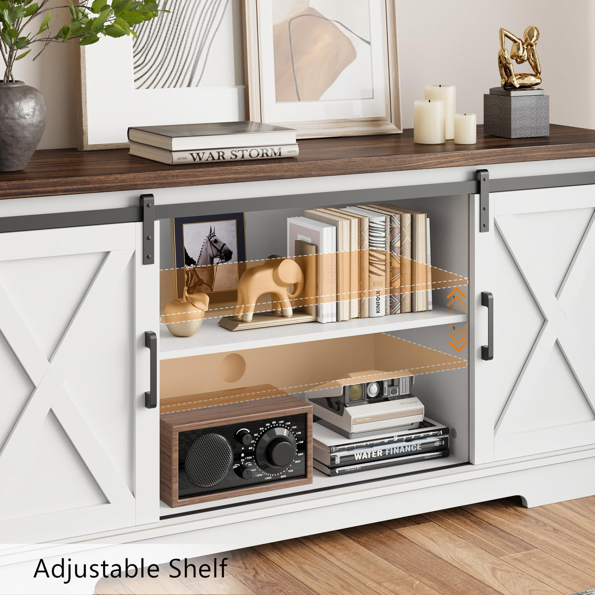 White Farmhouse TV Stand with Sliding Barn Doors and Adjustable Shelf W4573