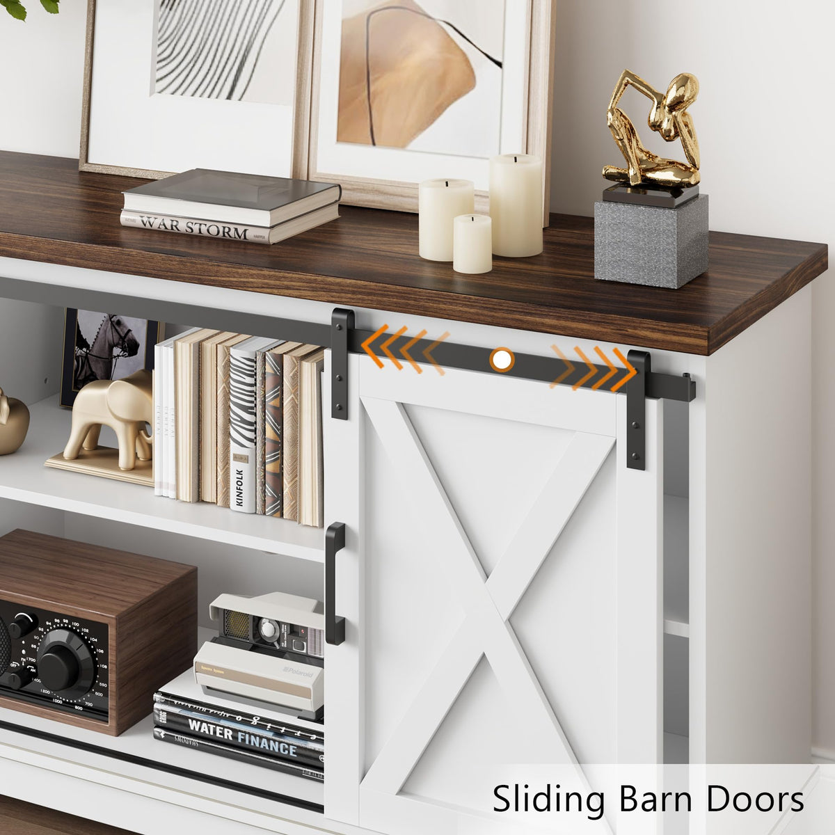White Farmhouse TV Stand with Sliding Barn Doors and Adjustable Shelf W4573