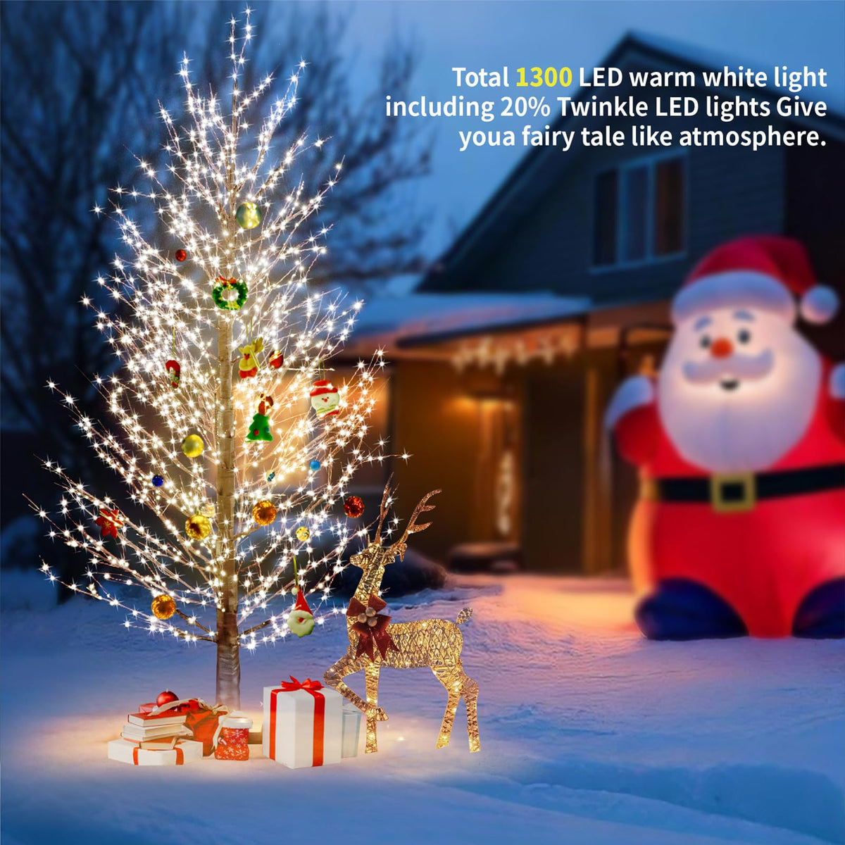 6FT Brown Lighted Birch Tree 1300LEDs Warm White Lights E91362