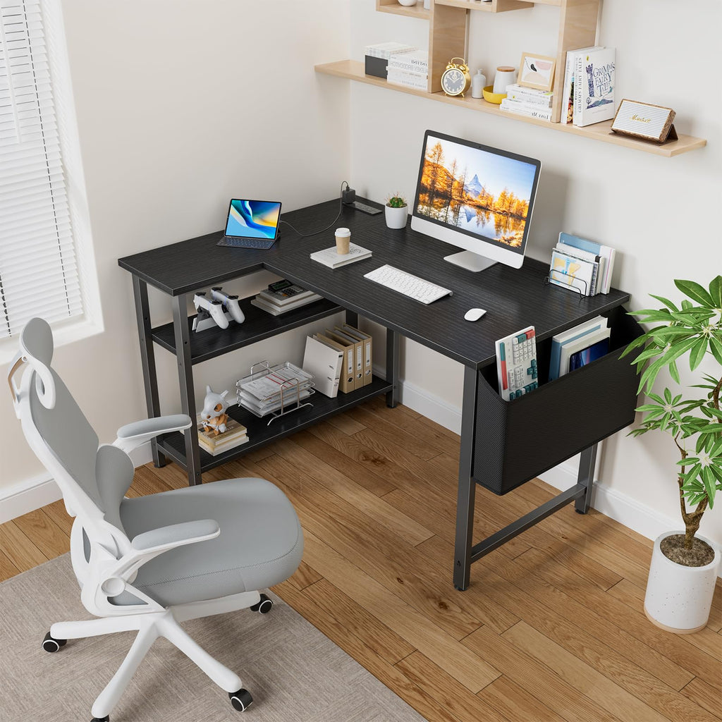 Black 40 Inch L Shaped Corner Computer Desk with Power Outlet V91896