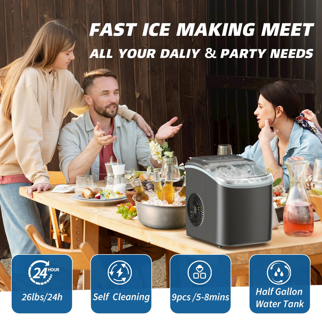 Black Portable Countertop Ice Maker with Scoop & Basket O863