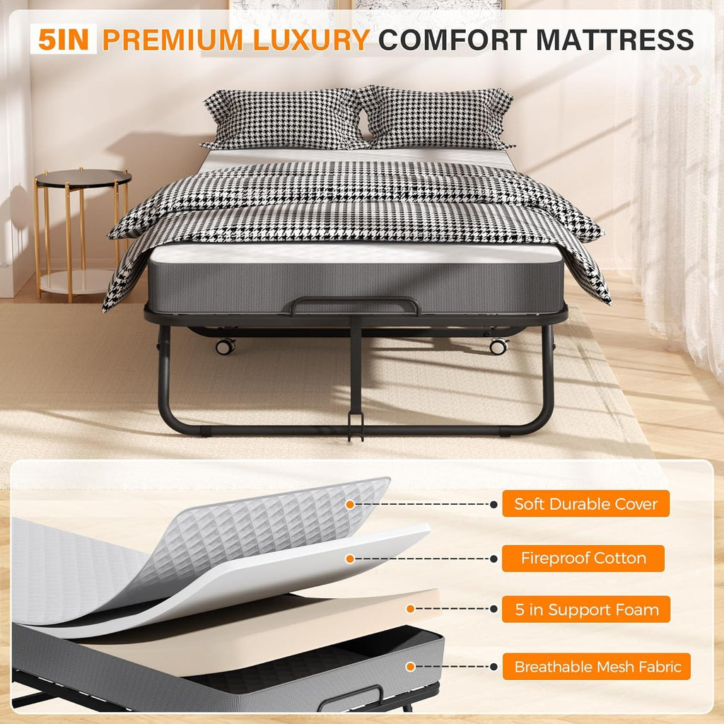 Foldable Single Bed with 5" Memory Foam Mattress and Wheels Q58392