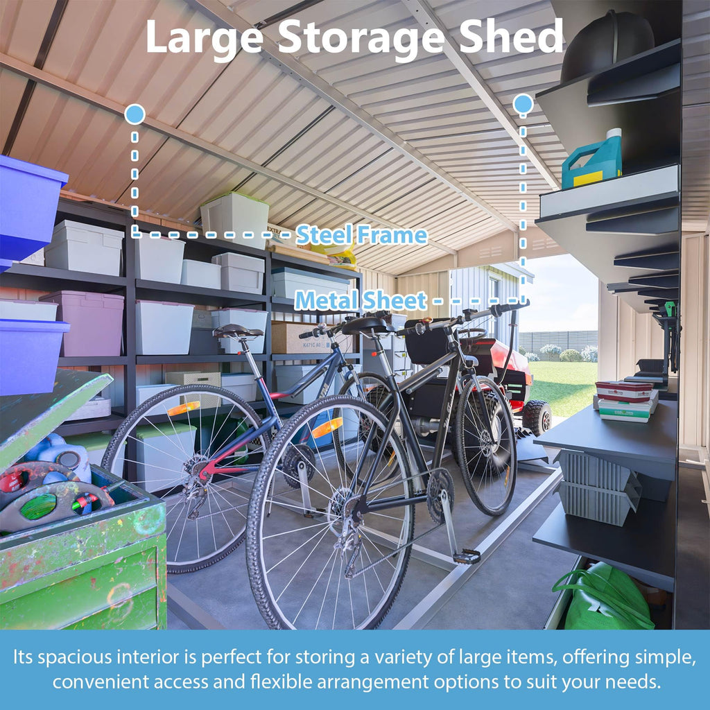 10x14 FT Waterproof Metal Storage Shed with 3 Lockable Doors O256305