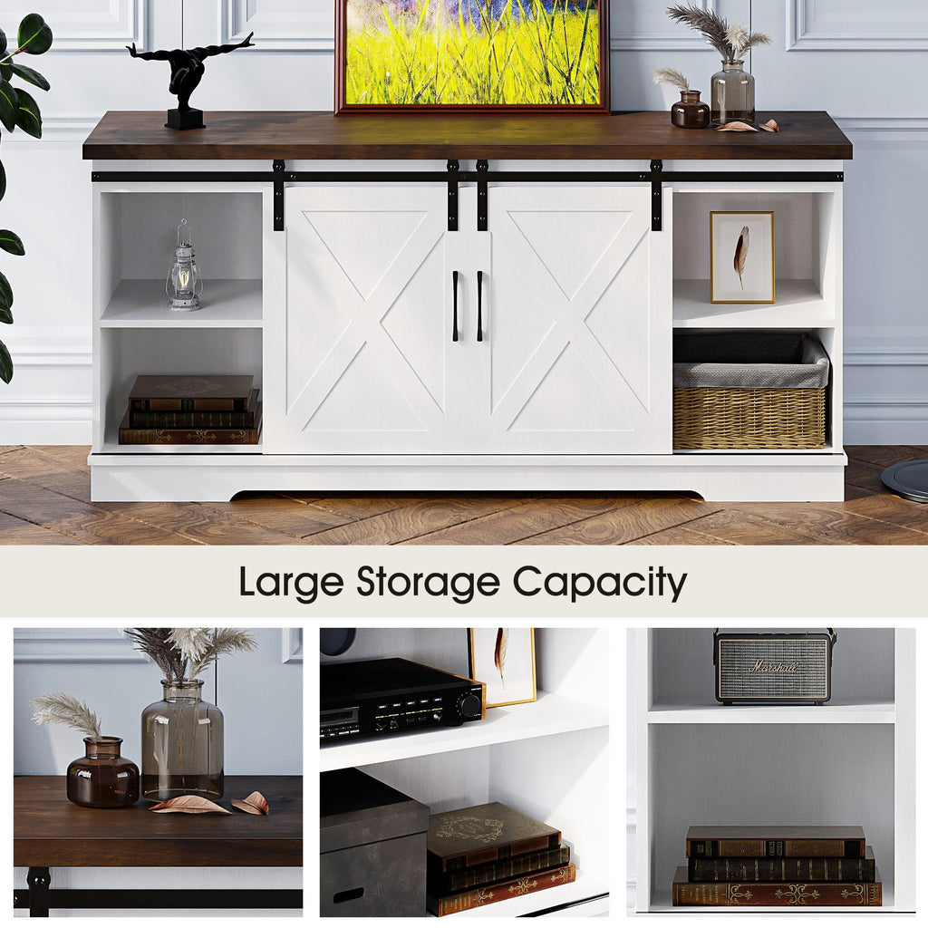 White Farmhouse TV Stand with Sliding Barn Doors and Adjustable Shelf W4573