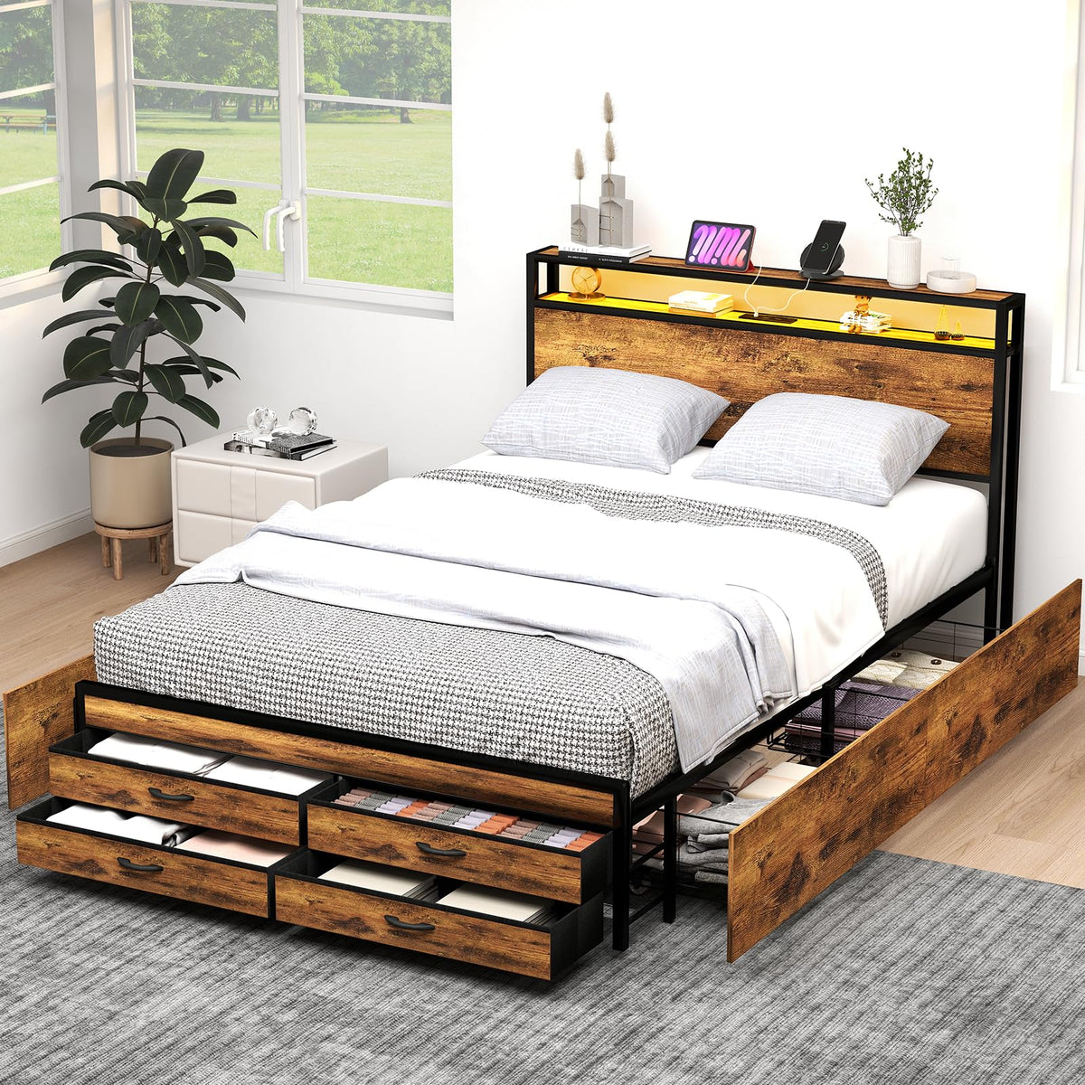 Queen Size Bed Frame with Headboard & 8 Storage Drawers G391