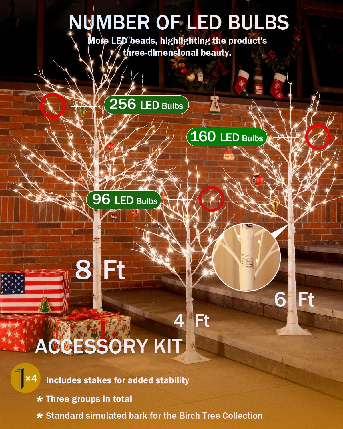 Lighted Birch Tree Set 4ft 6ft 8ft 512 Warm White LEDs X36261