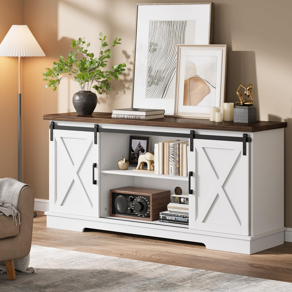 White Farmhouse TV Stand with Sliding Barn Doors and Adjustable Shelf W4573