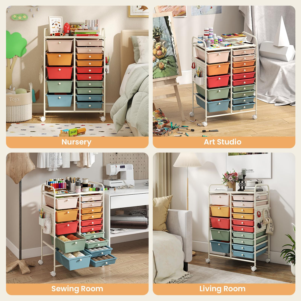 15 Drawer Rolling Storage Cart with Metal Tabletop P3510