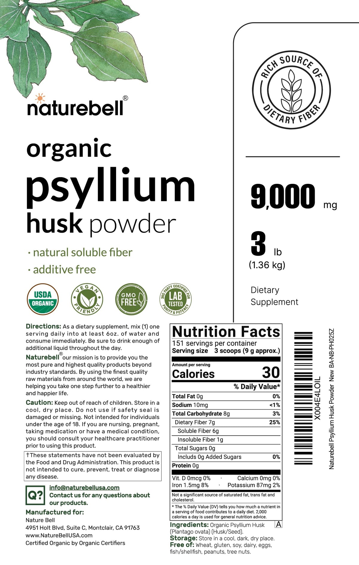 Organic Psyllium Husk Fiber Powder, 3lb, Unflavored A102232