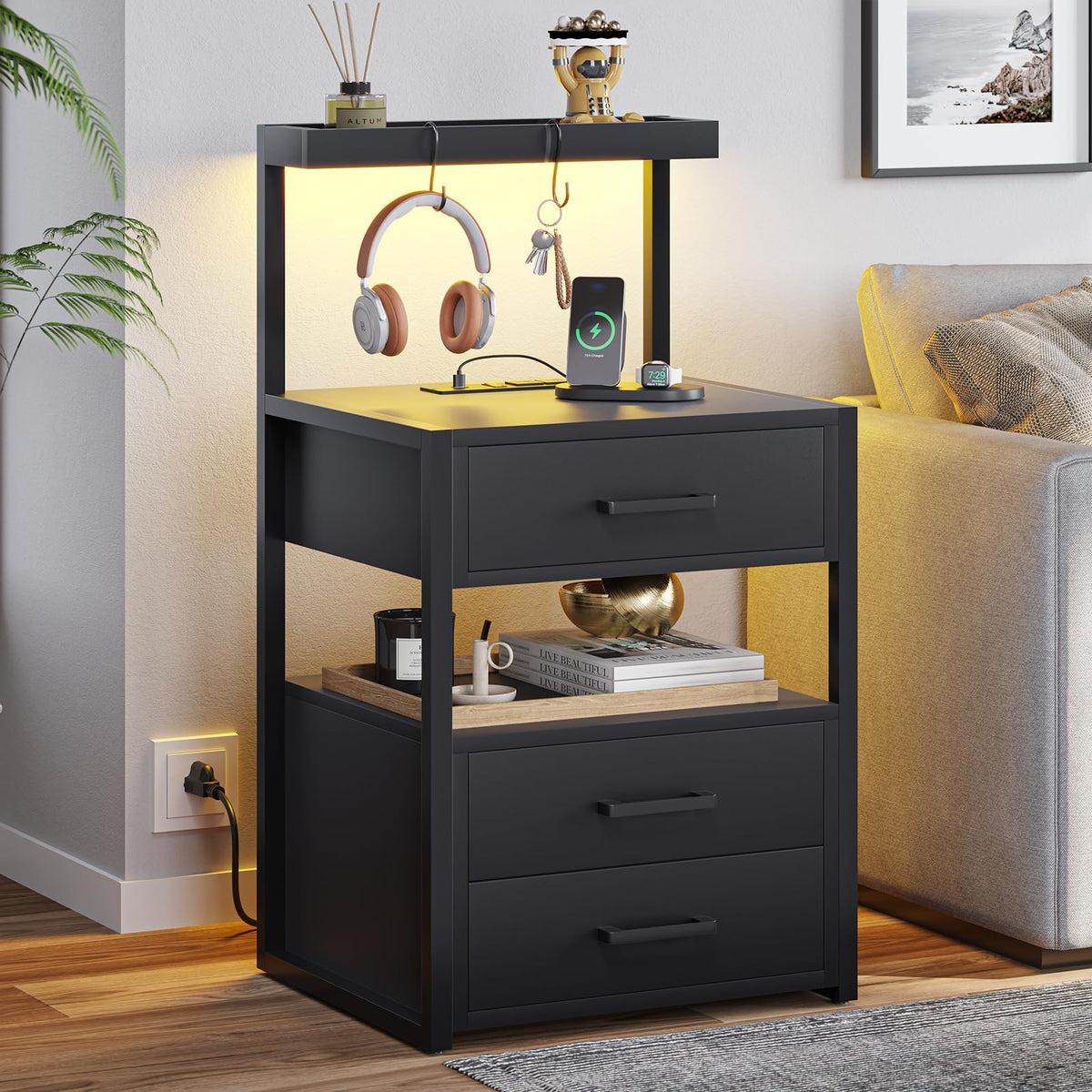 Black 3 Drawer Nightstand with Charging Station Q827253