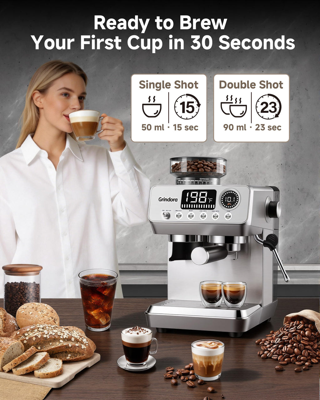 Espresso Machine with Grinder, 20 Bar, Milk Frother U11309