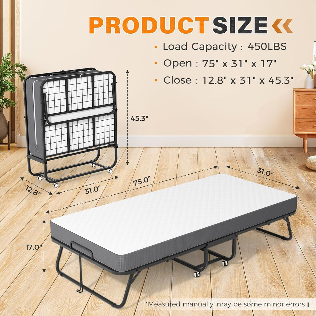 Foldable Single Bed with 5" Memory Foam Mattress and Wheels Q58392