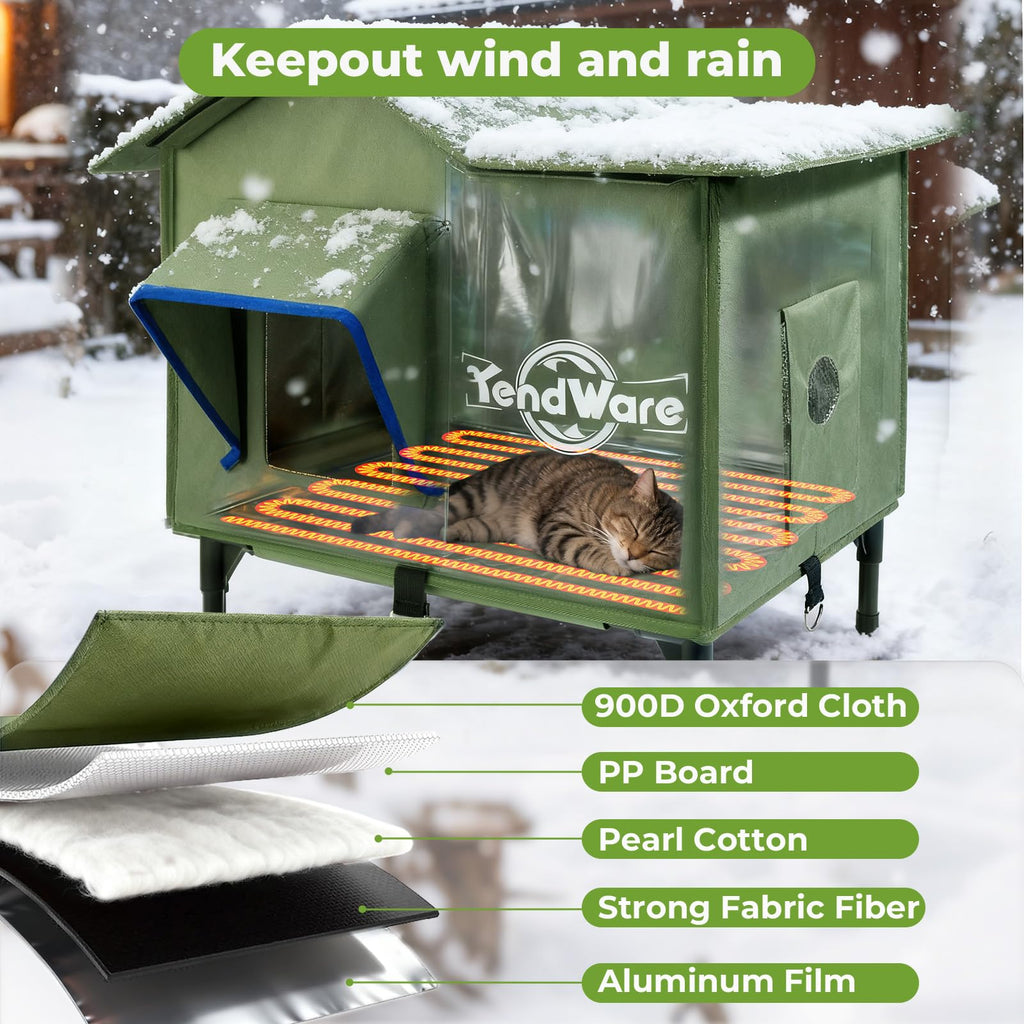 Heated Outdoor Cat House with Elevated Base Y28200