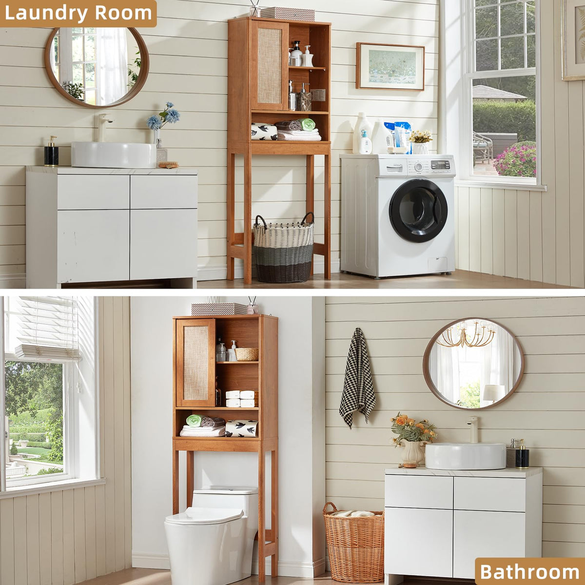 68" Over the Toilet Storage Cabinet with Rattan Sliding Door X150684