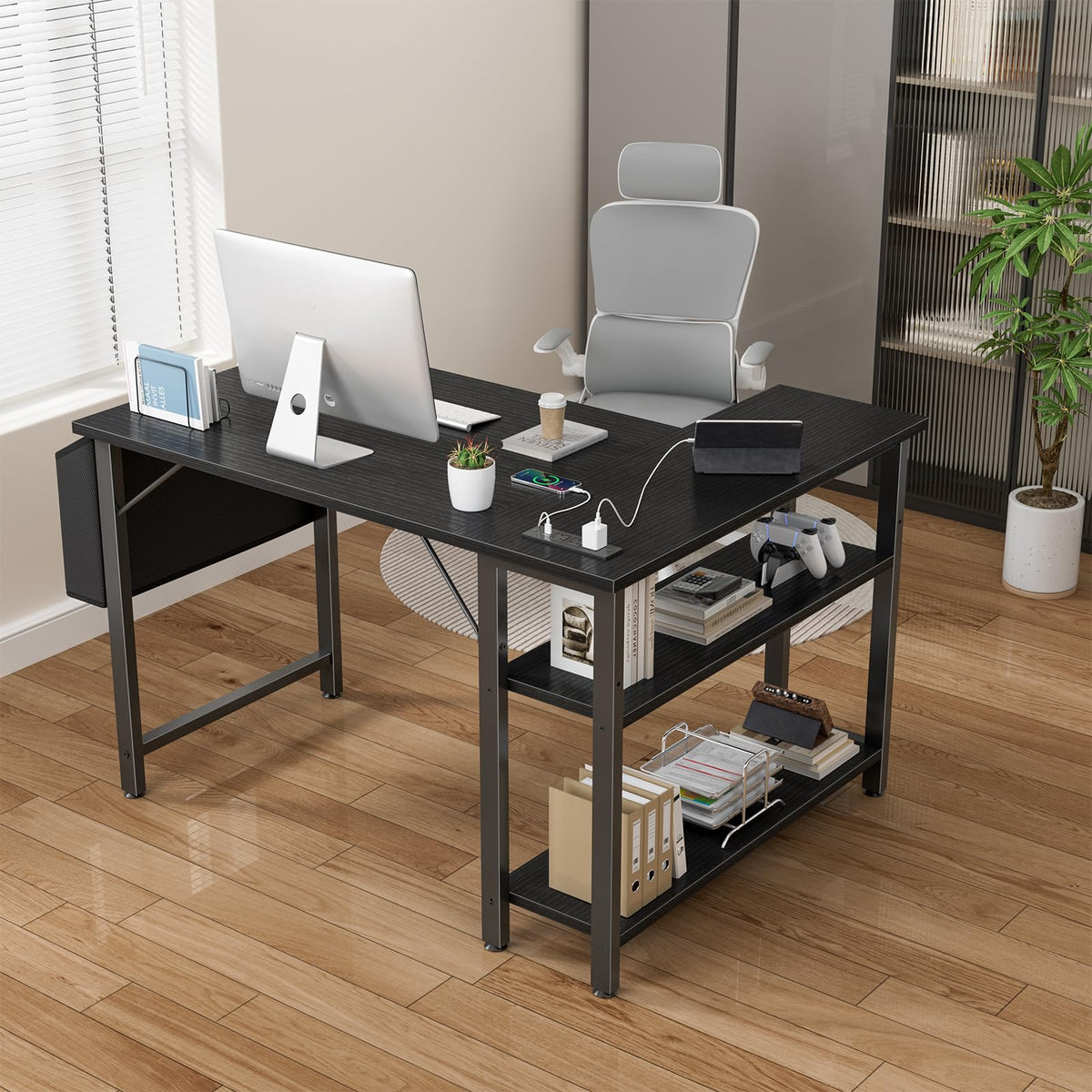 Black 40 Inch L Shaped Corner Computer Desk with Power Outlet V91896