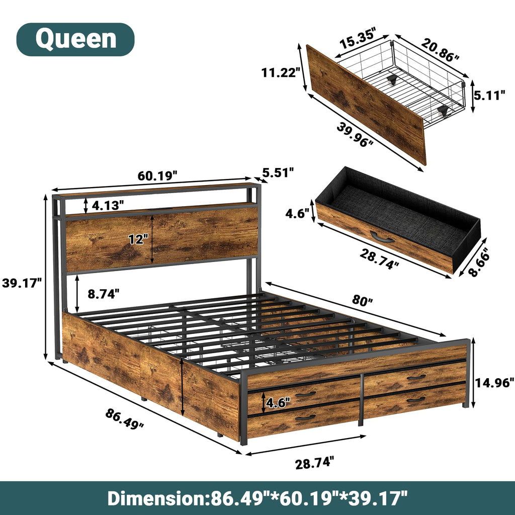 Queen Size Bed Frame with Headboard & 8 Storage Drawers G391