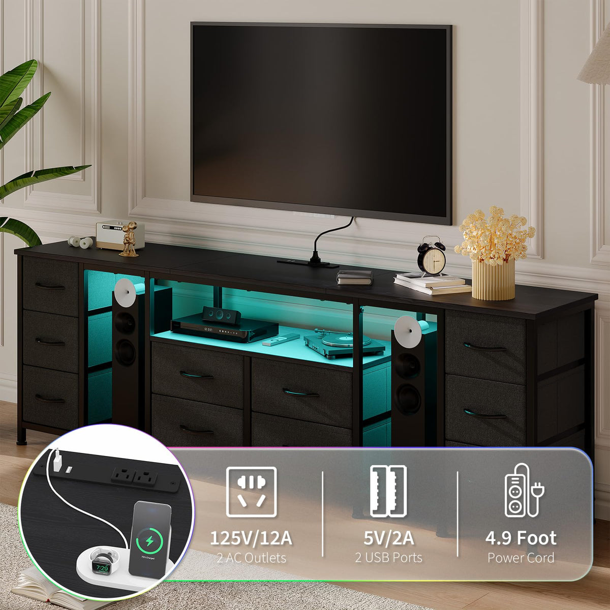 Black 10 Drawer Dresser TV Stand with Power Outlets L43960