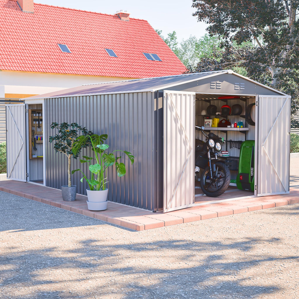 10x14 FT Waterproof Metal Storage Shed with 3 Lockable Doors O256305