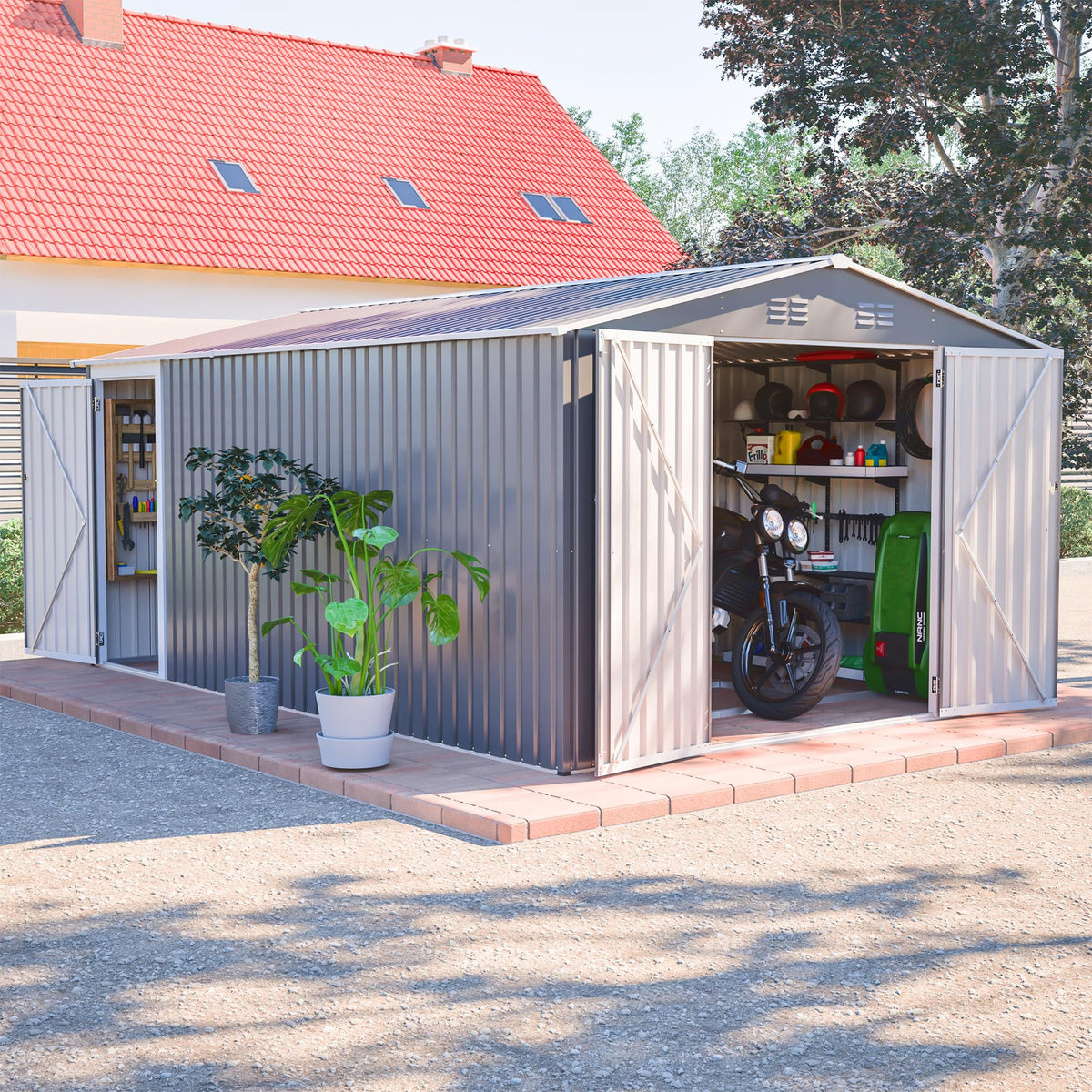 10x14 FT Waterproof Metal Storage Shed with 3 Lockable Doors O256305
