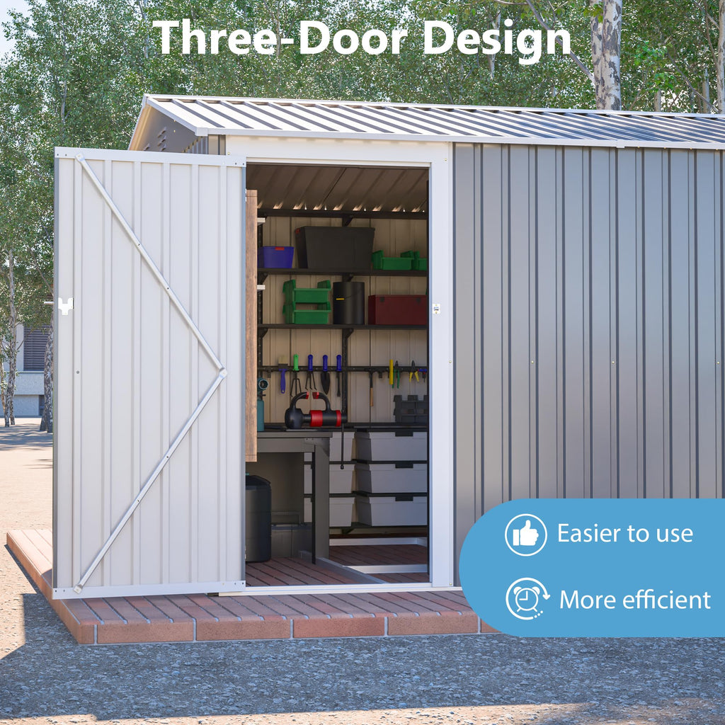10x14 FT Waterproof Metal Storage Shed with 3 Lockable Doors O256305