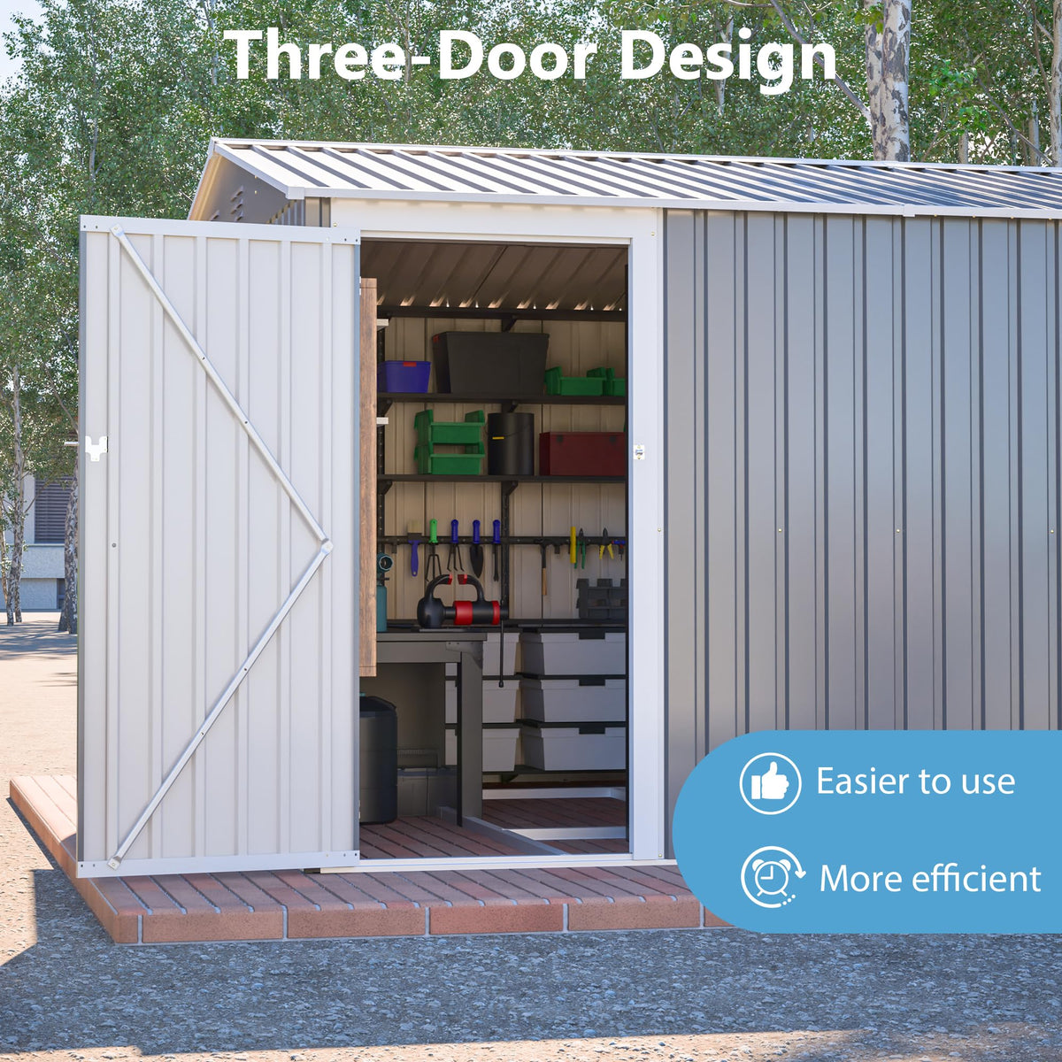 10x14 FT Waterproof Metal Storage Shed with 3 Lockable Doors O256305