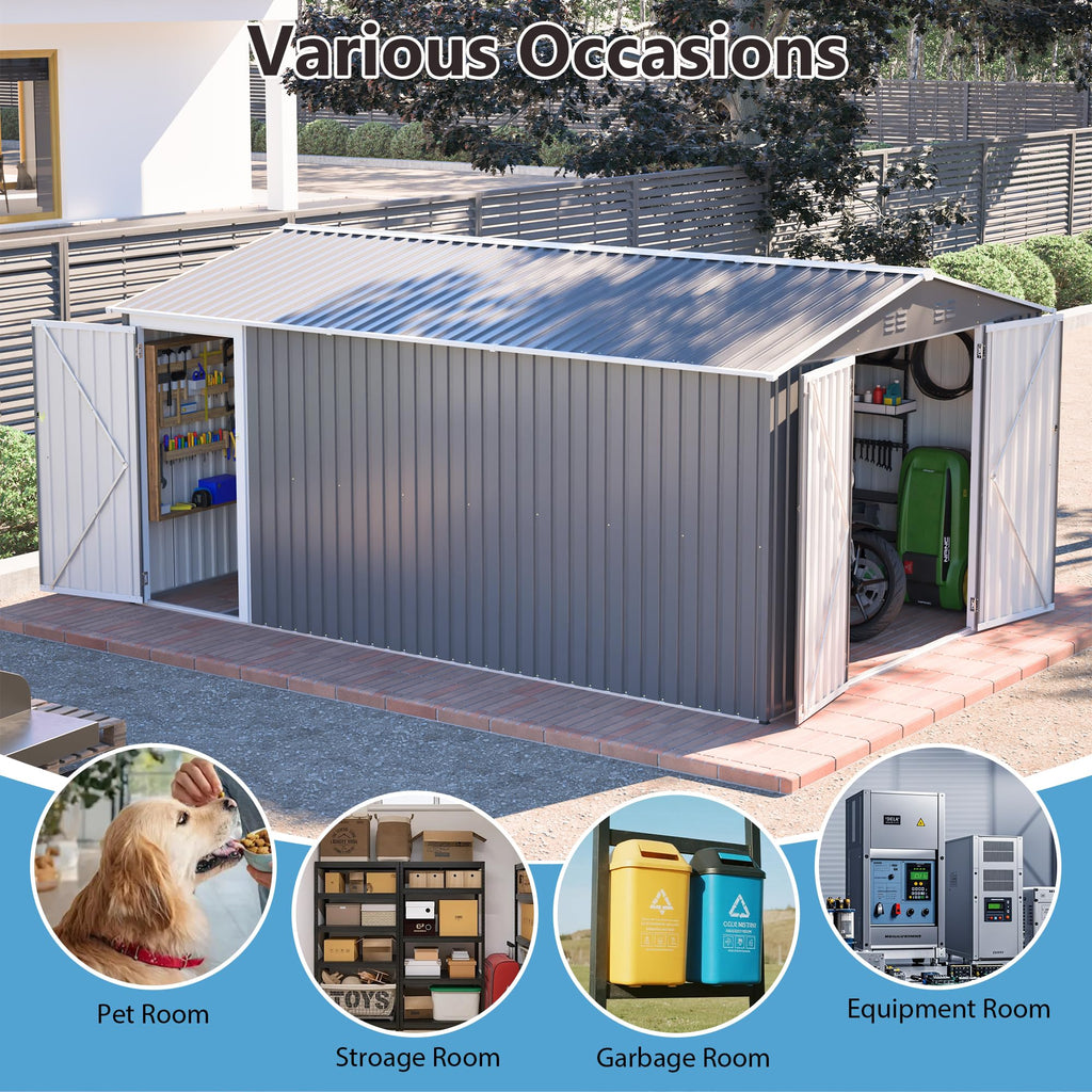 10x14 FT Waterproof Metal Storage Shed with 3 Lockable Doors O256305