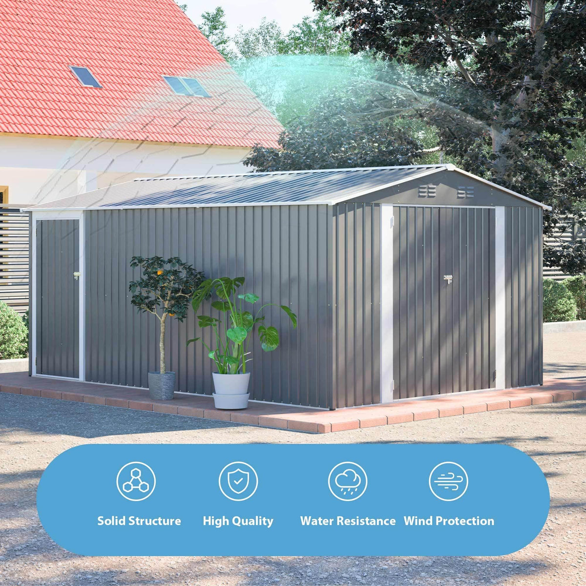 10x14 FT Waterproof Metal Storage Shed with 3 Lockable Doors O256305