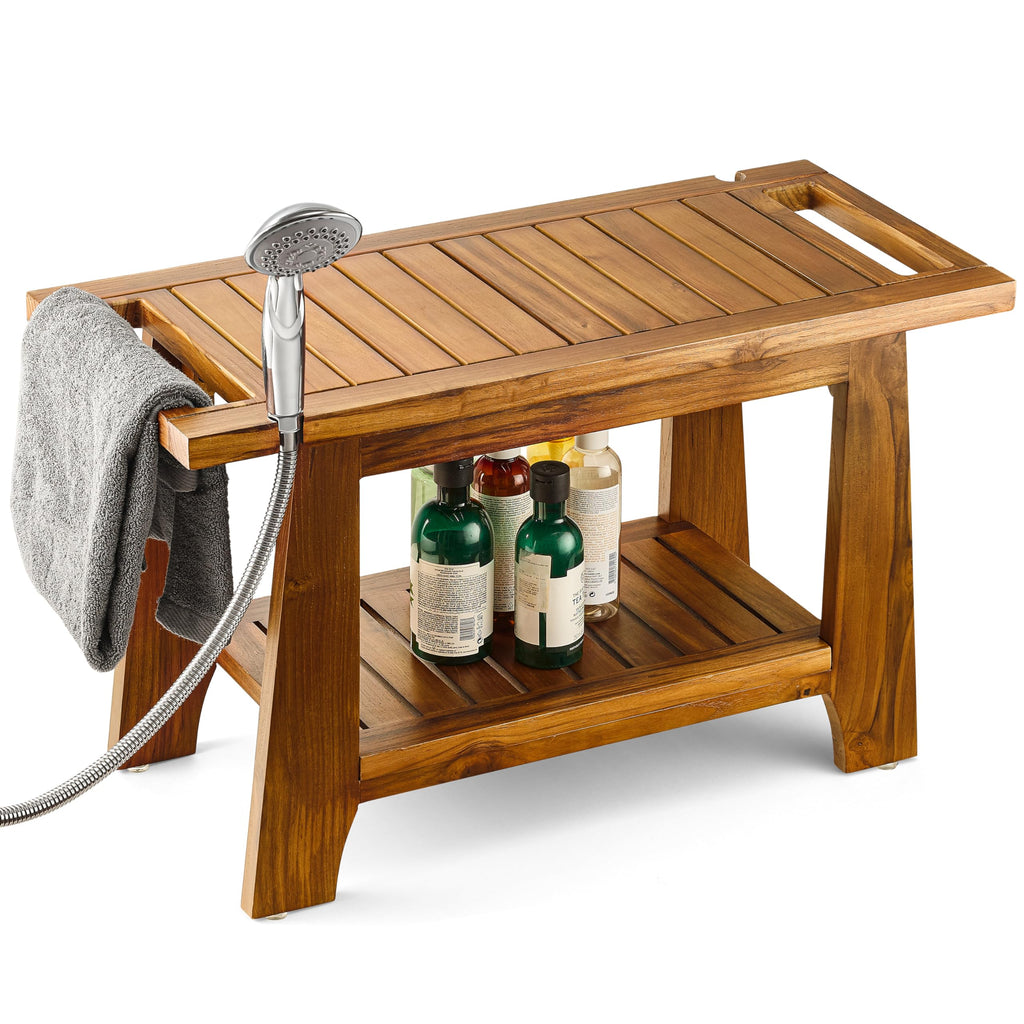 28" Teak Shower Bench with Storage Towel Shelf A512389